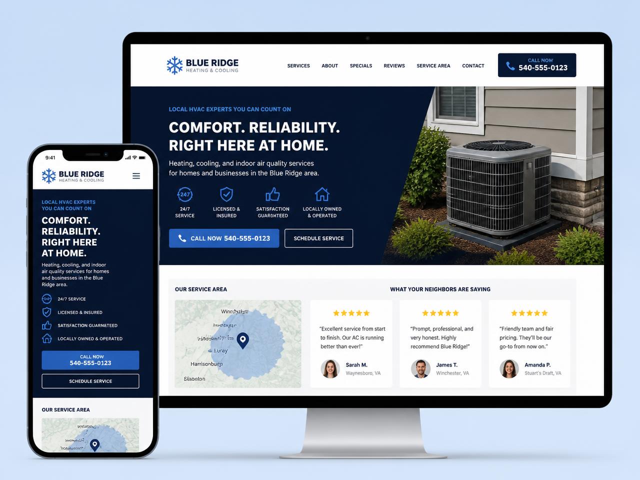 Blue Ridge Heating & Cooling website design mockup by Eastern Shore Digital Co.