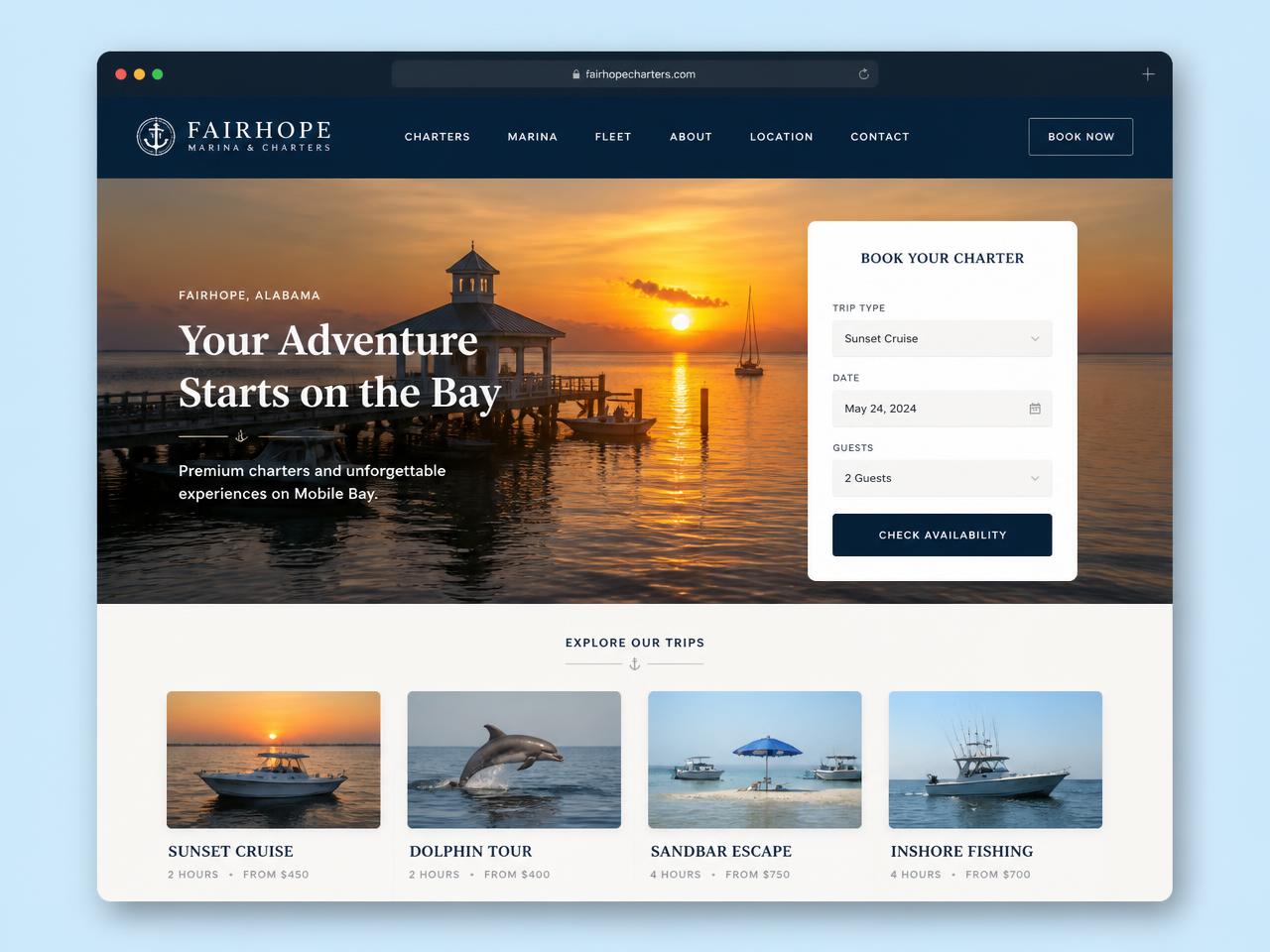 Fairhope Marina & Charters website design mockup by Eastern Shore Digital Co.
